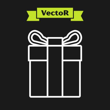 Beyaz çizgi Hediye kutusu simgesi siyah arka planda yalıtılmış. Vektör İllüstrasyonu