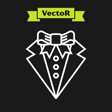 Beyaz çizgi Takım simgesi siyah arka planda yalıtılmış. Smokin. Kravatlı düğün kıyafetleri. Vektör İllüstrasyonu