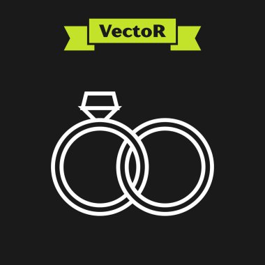 Beyaz çizgi Alyans simgesi siyah arka plan üzerinde izole. Gelin ve damat mücevher işareti. Evlilik simgesi. Elmas yüzük simgesi. Vektör İllüstrasyonu