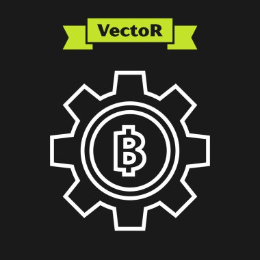 Beyaz çizgi Cryptocurrency sikke Bitcoin simgesi siyah arka plan üzerinde izole. Dişli ve Bitcoin ayarı. Blockchain tabanlı güvenli kripto para birimi. Vektör İllüstrasyonu