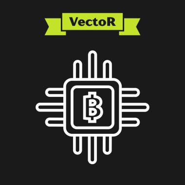 Beyaz çizgi Cpu madenciliği çiftlik simgesi siyah arka plan üzerinde izole. Bitcoin işlemci içinde işareti. Kripto para madenciliği topluluğu. Dijital para. Vektör İllüstrasyonu