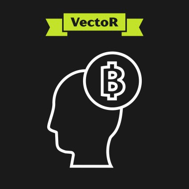 Beyaz çizgi Bitcoin simgesi siyah arka plan üzerinde izole düşünüyorum. Kripto para birimi başkanı. Blockchain teknolojisi, dijital para piyasası, kripto para cüzdanı. Vektör İllüstrasyonu