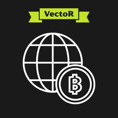 Beyaz çizgi Küre ve kripto para sikke Bitcoin simgesi siyah arka plan üzerinde izole. Fiziksel biraz para. Blockchain tabanlı güvenli kripto para birimi. Vektör İllüstrasyonu