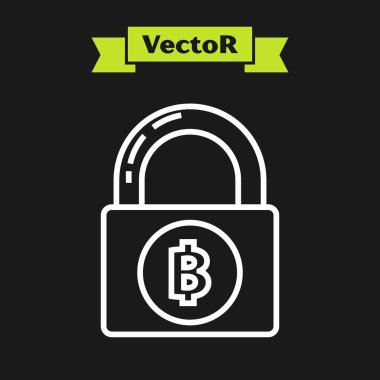 Siyah arka planda izole edilmiş bitcoin simgesiyle beyaz çizgi Kilit. Kripto para madenciliği, blockchain teknolojisi, güvenlik, koruma, dijital para. Vektör İllüstrasyonu