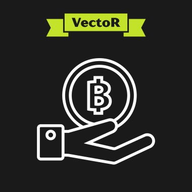 Beyaz çizgi Bitcoin simgesini siyah arka planda yalıtma tutan El. Blockchain teknolojisi, dijital para piyasası, kripto para cüzdanı. Vektör İllüstrasyonu
