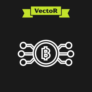 Beyaz çizgi Cryptocurrency bitcoin siyah arka plan üzerinde izole mikroçip devre simgesi ile daire içinde. Blockchain teknolojisi, dijital para piyasası. Vektör İllüstrasyonu