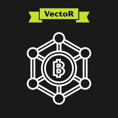 Beyaz çizgi Blockchain teknolojisi Bitcoin simgesi siyah arka plan üzerinde izole. Soyut geometrik blok zincir ağ teknolojisi iş. Vektör İllüstrasyonu