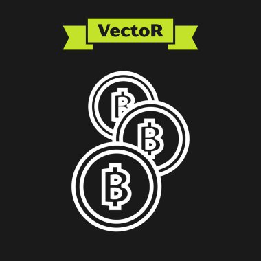 Beyaz çizgi Cryptocurrency sikke Bitcoin simgesi siyah arka plan üzerinde izole. Fiziksel biraz para. Blockchain tabanlı güvenli kripto para birimi. Vektör İllüstrasyonu