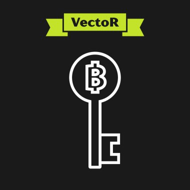 Beyaz çizgi Cryptocurrency Bitcoin anahtar simgesi siyah arka plan üzerinde izole. Teknoloji arayüzü ile siber güvenlik veya dijital anahtar kavramı. Vektör İllüstrasyonu