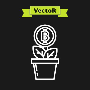 Siyah arka plan üzerinde izole pot simgesibeyaz çizgi Bitcoin bitki. İş yatırımı büyümesi. Blockchain teknolojisi, kripto para madenciliği. Vektör İllüstrasyonu