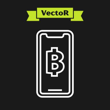 Beyaz çizgi Telefon cep telefonu ve kriptopara sikke Bitcoin simgesi siyah arka plan üzerinde izole. Fiziksel biraz para. Blockchain tabanlı güvenli kripto para birimi. Vektör İllüstrasyonu