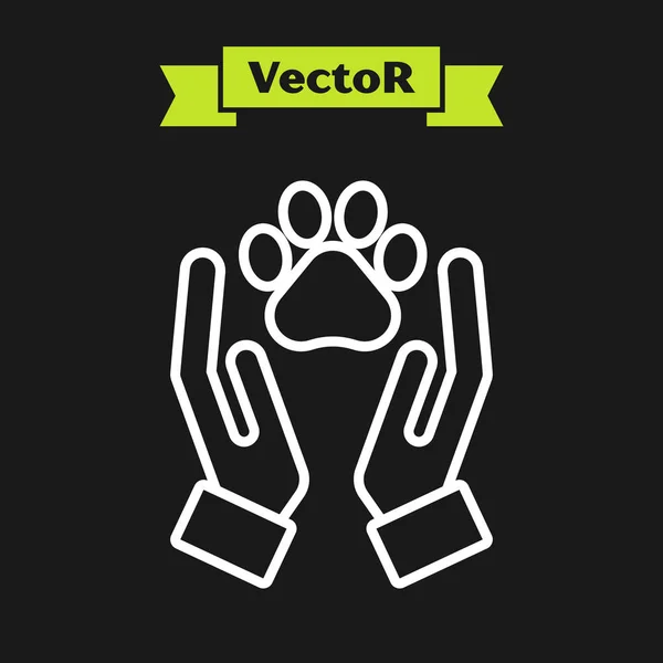 Weiße Zeile Hände mit Tieren Fußabdruck Symbol isoliert auf schwarzem Hintergrund. Haustier Pfote im Herzen. Liebe zu den Tieren. Vektorillustration — Stockvektor