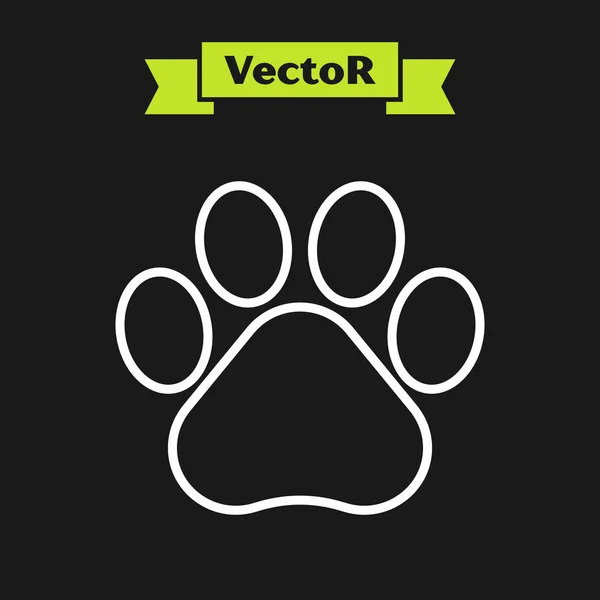 White line Paw print icon isolated on black background. Dog or cat paw print. Animal track. Vector Illustration