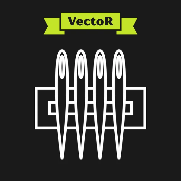 Linea bianca Ago per icona di cucito isolato su sfondo nero. Simbolo sarto. Tessile cucire segno mestiere. Strumento di ricamo. Illustrazione vettoriale — Vettoriale Stock