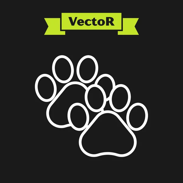 Weiße Linie Pfotendruck-Symbol isoliert auf schwarzem Hintergrund. Pfotenabdruck für Hund oder Katze. Tierspur. Vektorillustration — Stockvektor