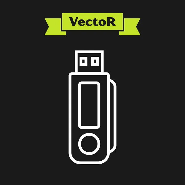 Weiße Linie USB-Stick-Symbol isoliert auf schwarzem Hintergrund. Vektorillustration — Stockvektor