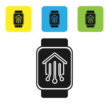 Beyaz arka planda izole edilmiş akıllı saat simgesine sahip Black Smart home. Uzaktan kumanda. Simgeleri renkli kare düğmeleri ayarlayın. Vektör İllüstrasyonu