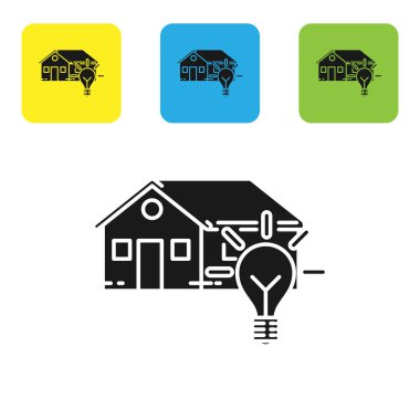 Siyah Akıllı ev ve ampul simgesi beyaz arka plan üzerinde izole. Simgeleri renkli kare düğmeleri ayarlayın. Vektör İllüstrasyonu