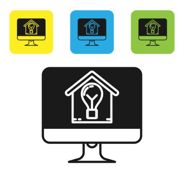 Akıllı ev ve ampul simgesi beyaz arka plan üzerinde izole ile Siyah Bilgisayar monitör. Simgeleri renkli kare düğmeleri ayarlayın. Vektör İllüstrasyonu