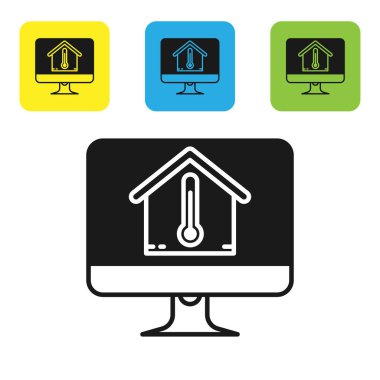Beyaz arka planda izole edilmiş ev sıcaklığı simgesine sahip siyah bilgisayar monitörü. Termometre simgesi. Simgeleri renkli kare düğmeleri ayarlayın. Vektör İllüstrasyonu