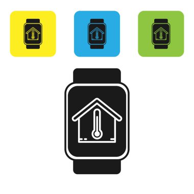 Beyaz arka planda izole edilmiş ev sıcaklığı simgesine sahip Siyah Akıllı saat. Termometre simgesi. Simgeleri renkli kare düğmeleri ayarlayın. Vektör İllüstrasyonu