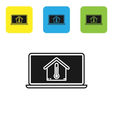 Beyaz arka planda izole edilmiş ev sıcaklığı simgesine sahip Siyah Laptop. Termometre simgesi. Simgeleri renkli kare düğmeleri ayarlayın. Vektör İllüstrasyonu