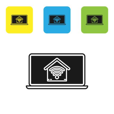 Beyaz arka planda izole wi-fi simgesi ile akıllı ev ile Siyah Laptop. Uzaktan kumanda. Simgeleri renkli kare düğmeleri ayarlayın. Vektör İllüstrasyonu