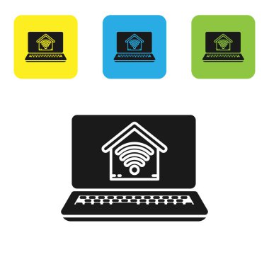Beyaz arka planda izole wi-fi simgesi ile akıllı ev ile Siyah Laptop. Uzaktan kumanda. Simgeleri renkli kare düğmeleri ayarlayın. Vektör İllüstrasyonu