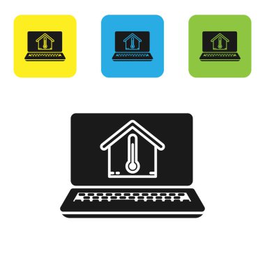 Beyaz arka planda izole edilmiş ev sıcaklığı simgesine sahip Siyah Laptop. Termometre simgesi. Simgeleri renkli kare düğmeleri ayarlayın. Vektör İllüstrasyonu