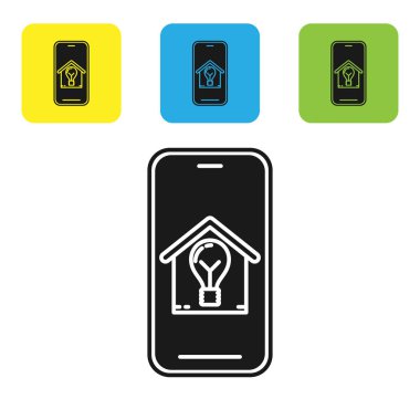 Akıllı ev ve ampul simgesi beyaz arka plan izole ile Siyah Cep telefonu. Simgeleri renkli kare düğmeleri ayarlayın. Vektör İllüstrasyonu