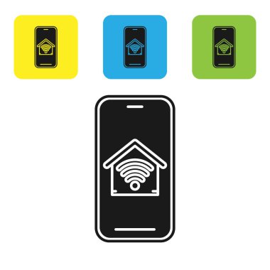 Beyaz arka plan üzerinde izole wi-fi simgesi ile akıllı ev ile Siyah Cep telefonu. Uzaktan kumanda. Simgeleri renkli kare düğmeleri ayarlayın. Vektör İllüstrasyonu