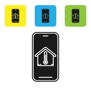 Beyaz arka plan üzerinde izole ev sıcaklığı simgesi ile Siyah Cep telefonu. Termometre simgesi. Simgeleri renkli kare düğmeleri ayarlayın. Vektör İllüstrasyonu