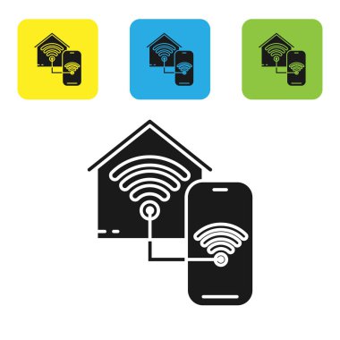 Beyaz arka planda izole wi-fi simgesi ile Siyah Akıllı ev. Uzaktan kumanda. Simgeleri renkli kare düğmeleri ayarlayın. Vektör İllüstrasyonu