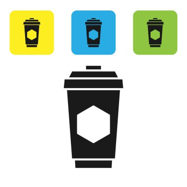 Beyaz arka plan üzerinde izole bal simgesi ile çay Siyah Fincan. Tatlı doğal yemekler. Simgeleri renkli kare düğmeleri ayarlayın. Vektör İllüstrasyonu