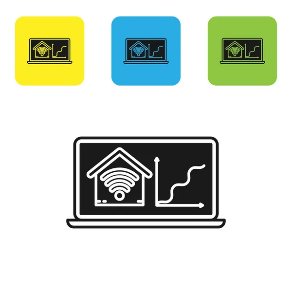 Ordenador portátil negro con hogar inteligente con icono wi-fi aislado sobre fondo blanco. Control remoto. Establecer iconos coloridos botones cuadrados. Ilustración vectorial — Vector de stock
