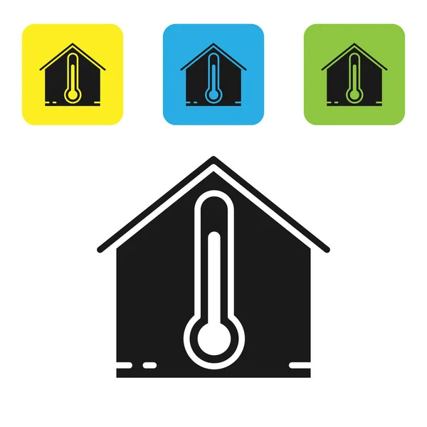 Schwarzes Haus Temperatur Symbol isoliert auf weißem Hintergrund. Thermometer-Symbol. setzen Symbole bunte quadratische Tasten. Vektorillustration — Stockvektor