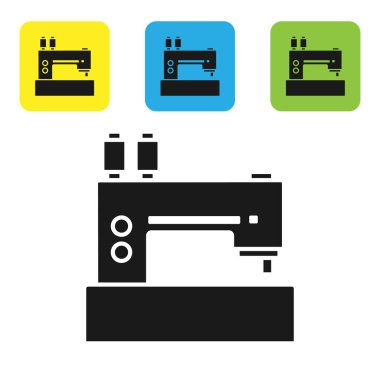 Siyah Dikiş makinesi simgesi beyaz arka plan üzerinde izole. Simgeleri renkli kare düğmeleri ayarlayın. Vektör İllüstrasyonu