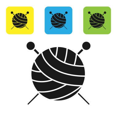 Beyaz arka plan üzerinde izole örgü iğneleri simgesi ile Siyah İplik topu. El yapımı, örgü veya terzi dükkanı için etiket. Simgeleri renkli kare düğmeleri ayarlayın. Vektör İllüstrasyonu