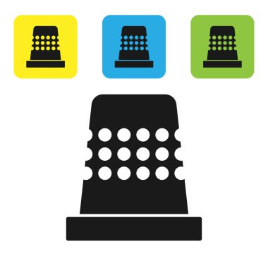 Beyaz arka plan üzerinde izole dikiş simgesi için siyah Thimble. Simgeleri renkli kare düğmeleri ayarlayın. Vektör İllüstrasyonu