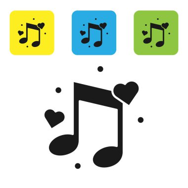 Siyah Müzik notu, beyaz arka plan üzerinde izole kalpleri simgesi ile sesi. Simgeleri renkli kare düğmeleri ayarlayın. Vektör İllüstrasyonu