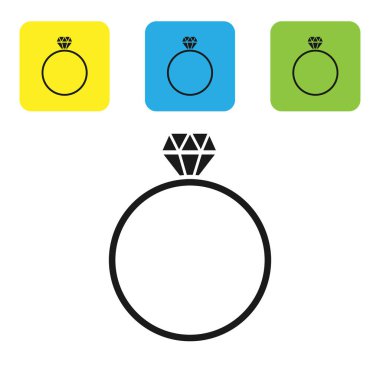 Siyah Elmas nişan yüzüğü simgesi beyaz arka plan üzerinde izole. Simgeleri renkli kare düğmeleri ayarlayın. Vektör İllüstrasyonu