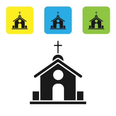 Siyah Kilise bina simgesi beyaz arka plan üzerinde izole. Hıristiyan Kilisesi. Kilise dini. Simgeleri renkli kare düğmeleri ayarlayın. Vektör İllüstrasyonu