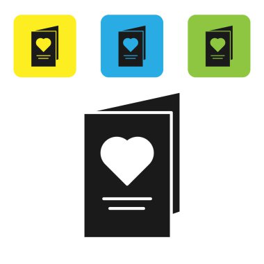 Beyaz arka plan üzerinde izole kalp simgesi ile Siyah Sevgililer günü parti el ilanı. Davet veya tebrik kartı için kutlama posteri şablonu. Simgeleri renkli kare düğmeleri ayarlayın. Vektör İllüstrasyonu