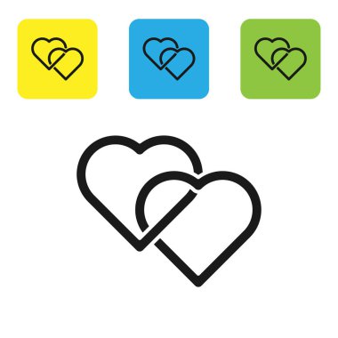 Siyah İki Bağlantılı Kalpler simgesi beyaz arka planda izole. Romantik sembol bağlantılı, katılmak, tutku ve düğün. Sevgililer günü sembolü. Simgeleri renkli kare düğmeleri ayarlayın. Vektör İllüstrasyonu