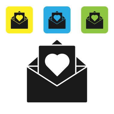 Beyaz arka plan üzerinde izole Valentine kalp simgesi ile Siyah Zarf. Mesaj aşk. Mektup aşk ve romantizm. Simgeleri renkli kare düğmeleri ayarlayın. Vektör İllüstrasyonu