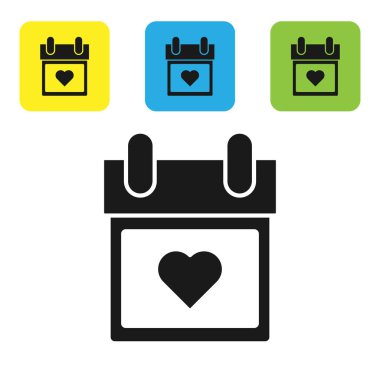 Beyaz arka planda izole edilmiş kalp simgesine sahip Siyah Takvim. Sevgililer günü. Aşk sembolü. 14 Şubat. Simgeleri renkli kare düğmeleri ayarlayın. Vektör İllüstrasyonu