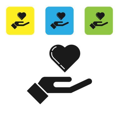 Siyah Kalp el simgesi beyaz arka plan üzerinde izole. El aşk sembolü veriyor. Simgeleri renkli kare düğmeleri ayarlayın. Vektör İllüstrasyonu