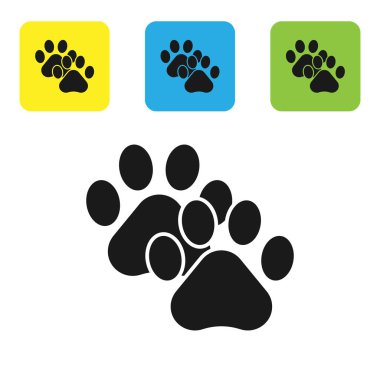 Siyah Paw baskı simgesi beyaz arka planda izole. Köpek veya kedi pençe baskı. Hayvan parkuru. Set simgeleri renkli kare düğmeler. Vektör Illustration