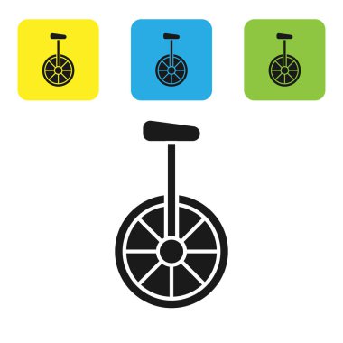 Siyah Unicycle veya beyaz arka plan üzerinde izole edilmiş bir tekerlekli bisiklet simgesi. Tek tekerlekli bisiklet. Simgeleri renkli kare düğmeleri ayarlayın. Vektör İllüstrasyonu