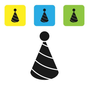 Siyah Parti şapka simgesi beyaz arka planda izole. Doğum günü şapkası. Simgeleri renkli kare düğmeleri ayarlayın. Vektör İllüstrasyonu